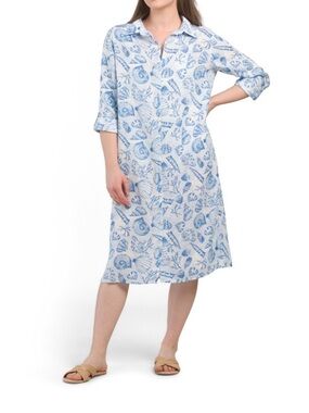 Martha Stewart Blue Shell-Print Linen Shirtdress Cover-Up NWOT
